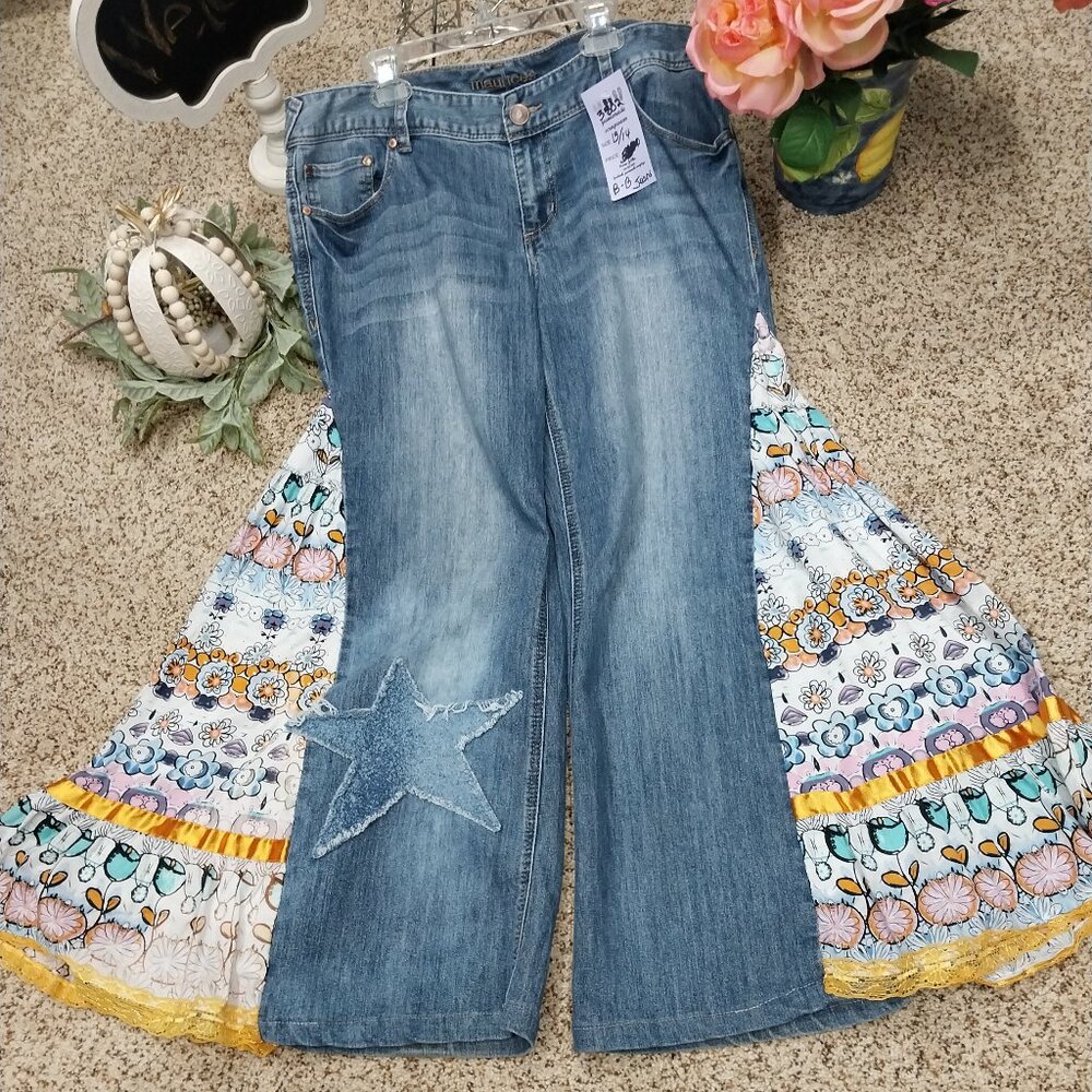 3802 Size 13/14 Upcycled Appliqued Maurices Pink and Blue Bell_Bottoms.